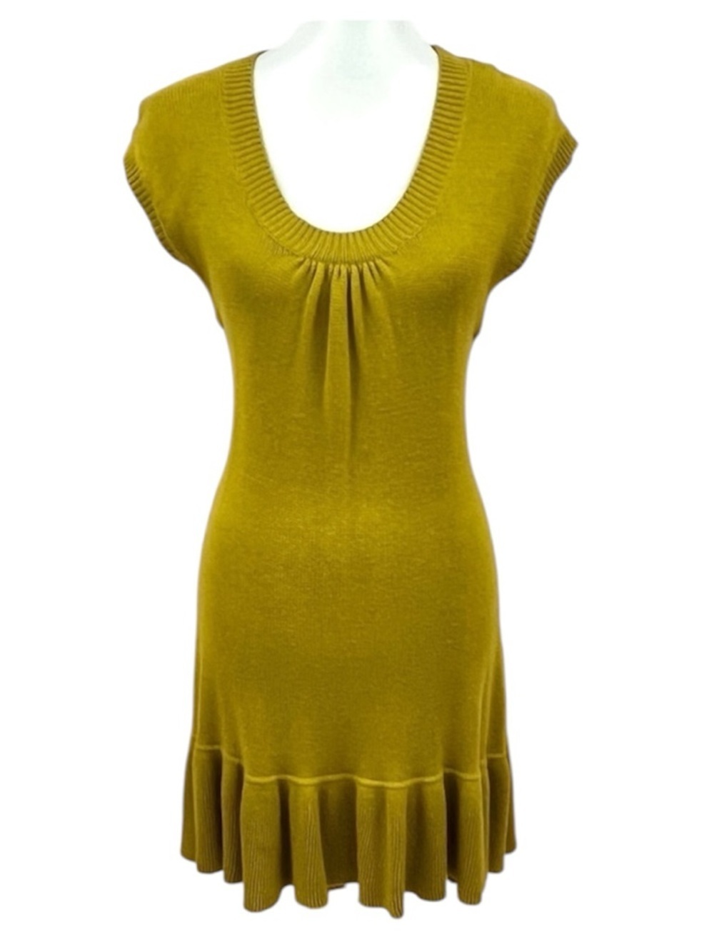 Anthropologie Sparrow Great Lengths Chartreuse Angora Ruffle Trim Sweater Dress